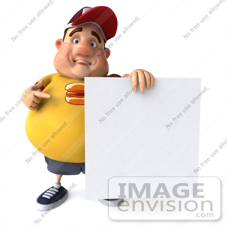 #47106 Royalty-Free (RF) Illustration Of A 3d Fat Burger Boy Mascot Pointing To And Standing By A Blank Sign by Julos