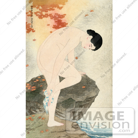 #47455 Royalty-Free Stock Illustration Of Autumn Maple Leaves Around A Nude Asian Woman Bathing Her Feet Over A Stream While Leaning On A Rock by JVPD