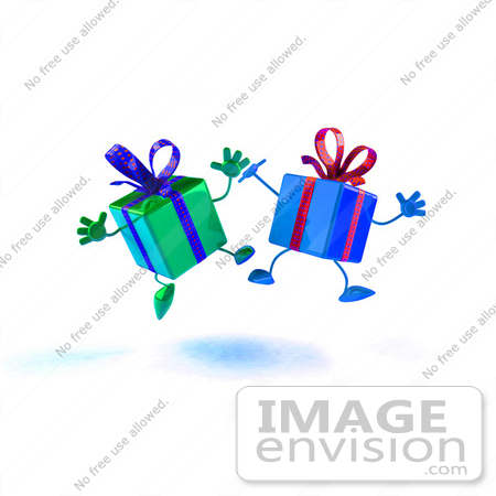 #47999 Royalty-Free (RF) Illustration Of Two 3d Present Mascots Jumping - Version 2 by Julos