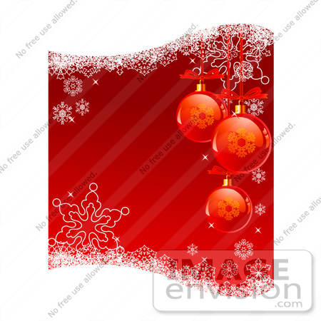 #48308 Clip Art Illustration Of A White And Red Xmas Background With Baubles, Snowflakes And White Waves by pushkin