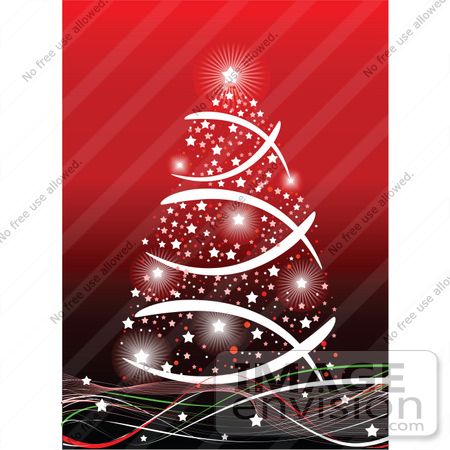 #48309 Clip Art Illustration Of A White Starry And Garland Xmas Tree On Red And Colorful Swooshes by pushkin
