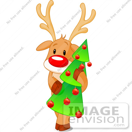 #48322 Clip Art Illustration Of Rudolph Carrying A Xmas Tree by pushkin
