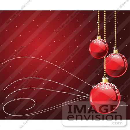 #48332 Clip Art Illustration Of A Red Snowy Xmas Background With Waves And Red Frosted Baubles by pushkin