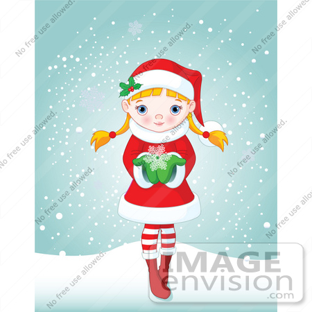 #48340 Clip Art Illustration Of A Cute Blond Xmas Girl Holding A Snowflake And Standing Outside by pushkin