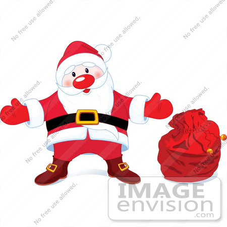#48341 Clip Art Illustration Of A Happy Santa In His Suit, Standing By A Red Toy Sack by pushkin