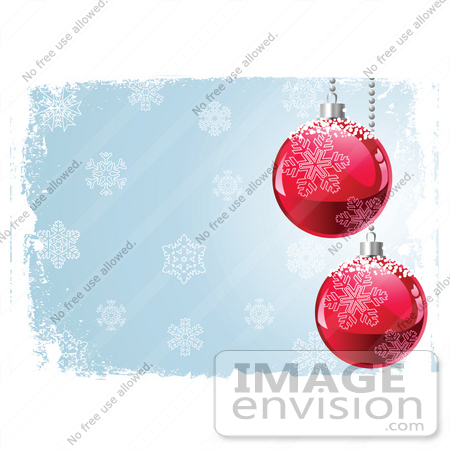 #48343 Clip Art Illustration Of Two Red Xmas Baubles With Snow, Hanging On A Blue Background With Grunge And Snowflakes  by pushkin