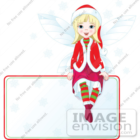 #48375 Clip Art Illustration Of A Blond Xmas Fairy Girl Sitting On A Blank Sign by pushkin