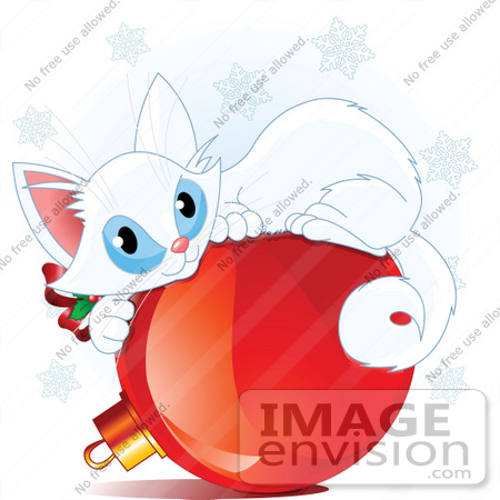 #48377 Clip Art Illustration Of A Cute White Xmas Kitten Curled Up On A Red Bauble by pushkin