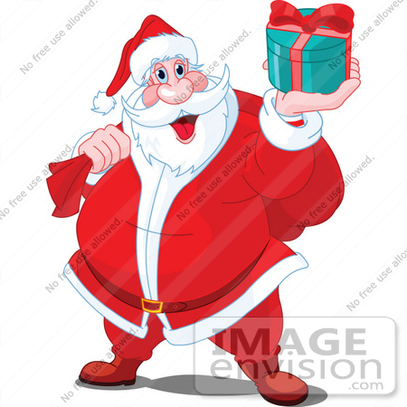#48378 Clip Art Illustration Of Santa Smiling And Holding Up A Present by pushkin