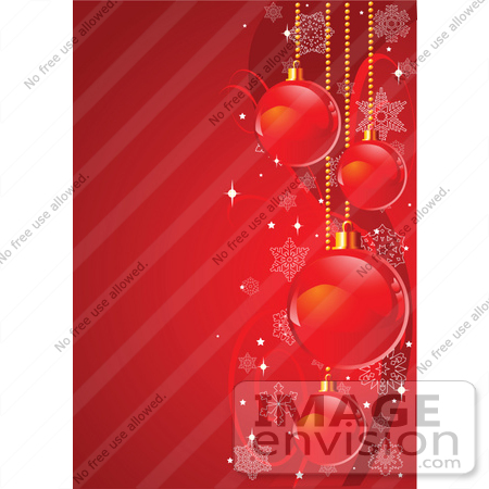 #48379 Clip Art Illustration Of A Bright Red Vertical Xmas Holiday Background With Xmas Bulbs, Waves And Snowflakes by pushkin