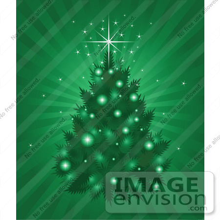 #48387 Clip Art Illustration Of A Green Shining Background With A Xmas Tree by pushkin
