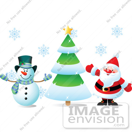 #48388 Clip Art Illustration Of Frosty The Snowman And Santa Claus Waving By A Xmas Tree by pushkin