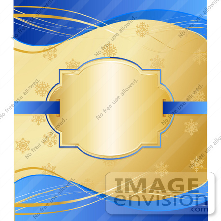 #48395 Clip Art Illustration Of A Blank Golden Xmas Text Box Over A Gold Snowflake And Blue Wave Background by pushkin