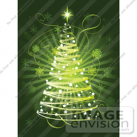 #48397 Clip Art Illustration Of A Xmas Tree Made Of Scribbles And White Stars, On A Bursting Green Snowflake Background by pushkin