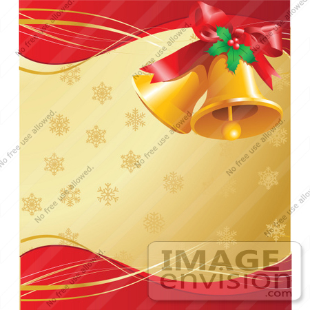 #48407 Clip Art Illustration Of A Pair Of Golden Xmas Bells With Holly And A Bow, Over A Golden And Red Background Of Snowflakes by pushkin