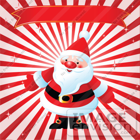 #48417 Clip Art Illustration Of Santa Under A Santa Under A Red Xmas Banner On A Bursting Background by pushkin