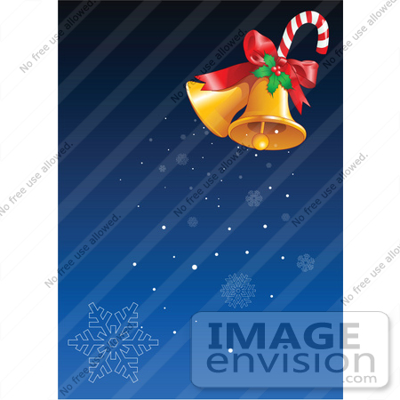 #48418 Clip Art Illustration Of A Pair Of Golden Xmas Bells With Holly And A Candy Cane, Ringing Snowflakes Down Over Blue by pushkin