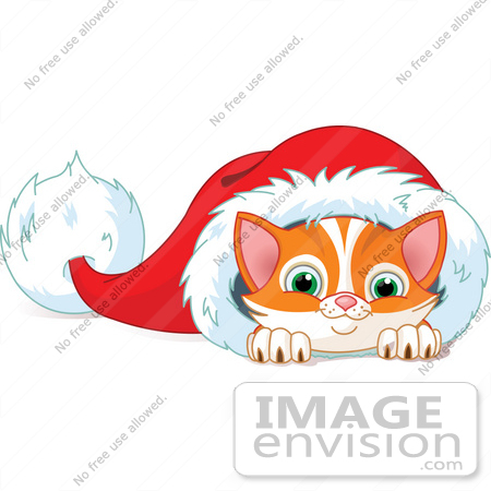 #48419 Clip Art Illustration Of A Cute Orange Kitten Peeking Out Of A Santa Hat by pushkin
