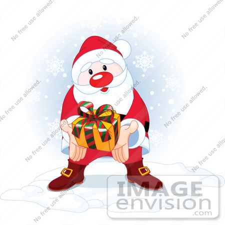 #48430 Clip Art Illustration Of A Thoughtful Santa Holding Out A Present While Standing In The Snow by pushkin