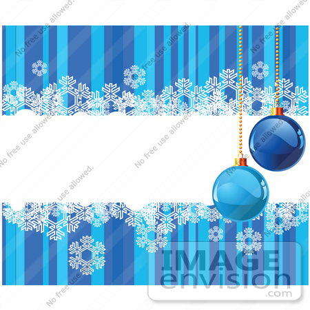 #48435 Clip Art Illustration Of A Blue Striped Background With Snowflakes And Xmas Baubles Around A Text Box by pushkin