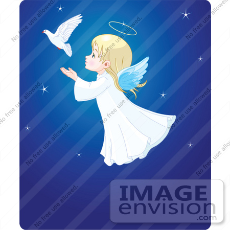 #48451 Clip Art Illustration Of An Adorable Xmas Angel Girl Flying Behind A Dove In A Blue Starry Sky by pushkin