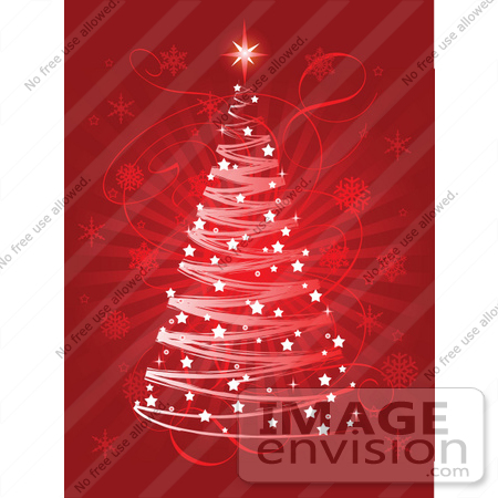 #48452 Clip Art Illustration Of A Red Xmas Background With A Scribble Tree And Sparkles Over A Faint Snowflake Burst by pushkin