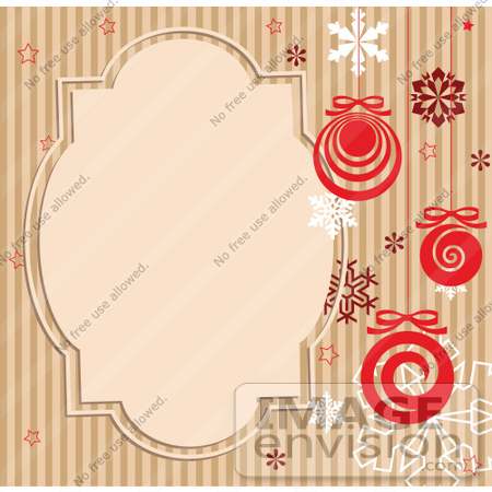 #48473 Clip Art Illustration Of A Brown Striped Retro Xmas Background With Snowflakes, Baubles And A Text Box by pushkin
