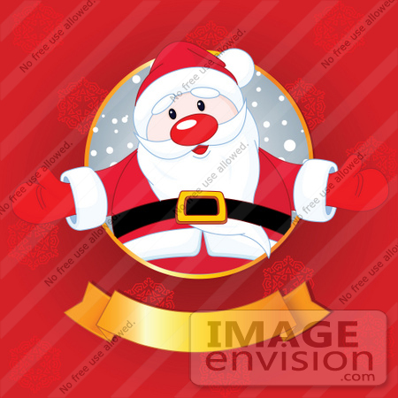 #48496 Clip Art Illustration Of A Jolly Santa Welcoming From A Circle Above A Golden Xmas Banner On A Red Snowflake Background by pushkin