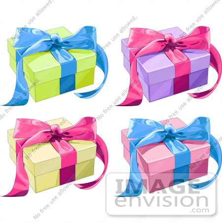 #48498 Clip Art Illustration Of A Digital Collage Of Colorful Present Boxes Sealed With Pink And Blue Ribbons by pushkin