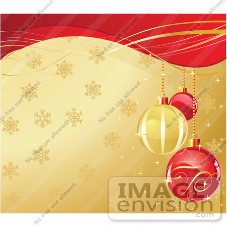 #48514 Clip Art Illustration Of Ornate Red And Golden Xmas Bulbs Over A Snowflake Gold Background With Red Waves by pushkin