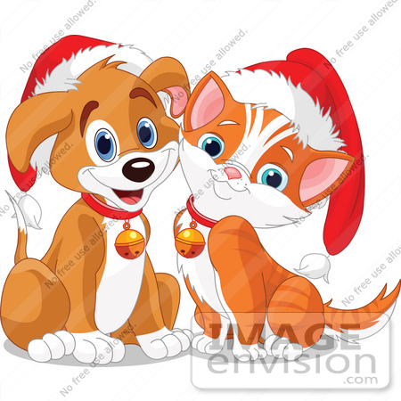 #48518 Clip Art Illustration Of An Adorable Puppy And Kitten Wearing Santa Hats And Bells by pushkin