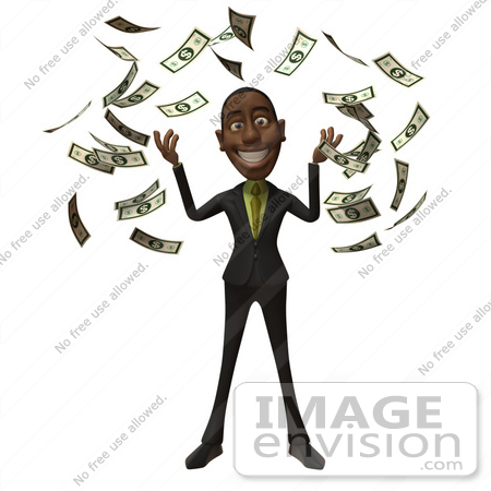 #48585 Royalty-Free (RF) 3d Illustration Of A Black Businessman Mascot Throwing Cash Into The Air - Version 3 by Julos