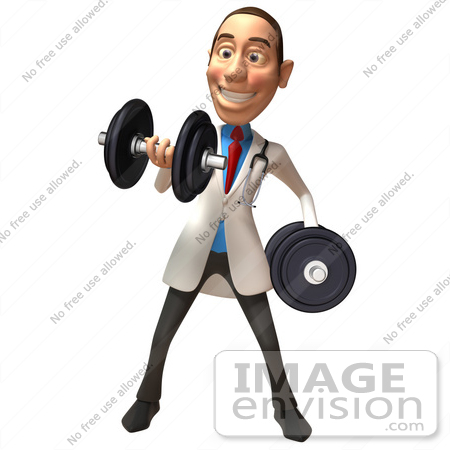 #48903 Royalty-Free (RF) Illustration Of A 3d White Male Doctor Lifting Dumbbells - Version 1 by Julos