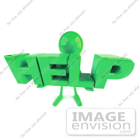 #49874 Royalty-Free (RF) Illustration Of A 3d Green Man Mascot Holding HELP by Julos