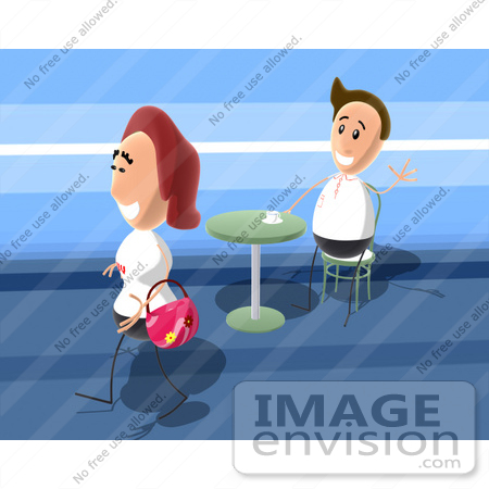 #49956 Royalty-Free (RF) Illustration Of A Man In A Cafe, Waving At A Smiling Woman Walking By by Julos