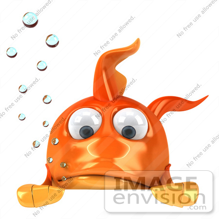 #49998 Royalty-Free (RF) Illustration Of A 3d Goldfish Mascot With Bubbles, Pouting Over A Blank Sign by Julos