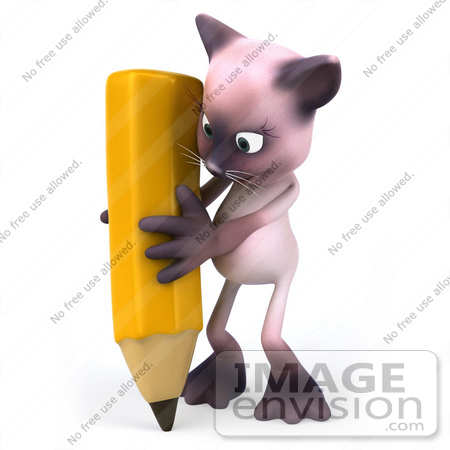 #50024 Royalty-Free (RF) Illustration Of A 3d Pink Cat Mascot Holding A Pencil - Version 2 by Julos
