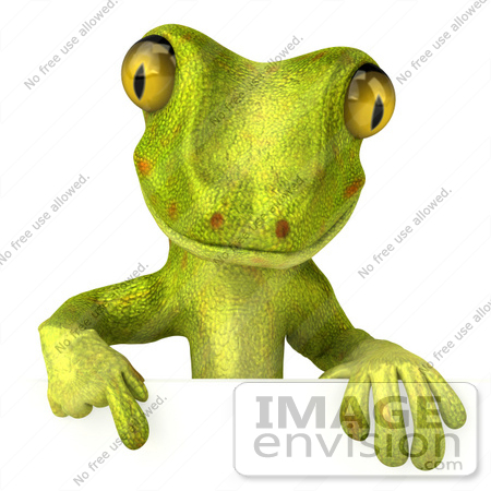 #50031 Royalty-Free (RF) Illustration Of A 3d Green Gecko Mascot Pointing Down At And Standing Behind A Blank Sign - Pose 1 by Julos