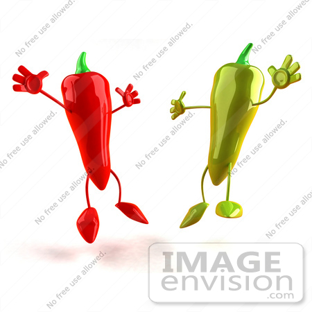 #50745 Royalty-Free (RF) Illustration Of 3d Red And Green Chili Pepper Mascots Jumping - Version 3 by Julos