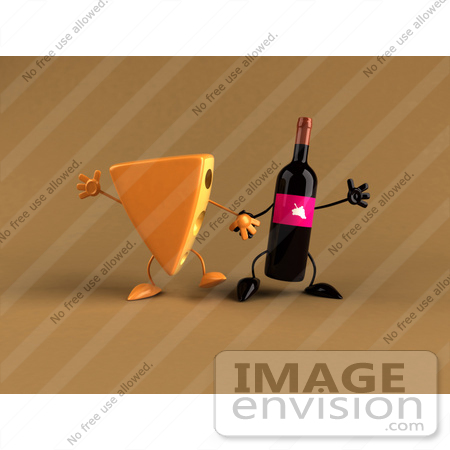 #50874 Royalty-Free (RF) Illustration Of 3d Cheese Wedge And Wine Bottle Characters Holding Hands - Version 2 by Julos