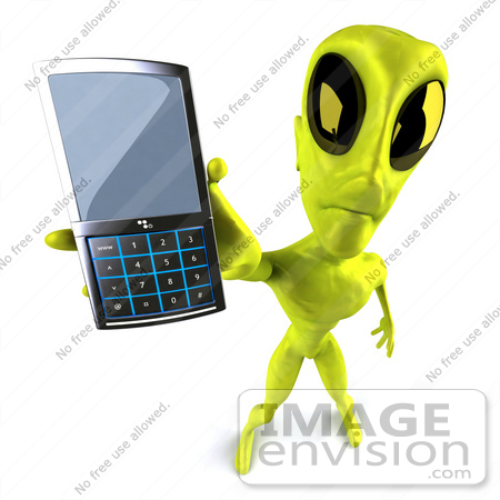 #50886 Royalty-Free (RF) Illustration Of A 3d Green Alien Mascot Holding Out A Cell Phone by Julos