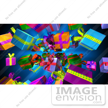 #51178 Royalty-Free (RF) Illustration Of Colorful Wrapped Gifts Raining Down On A Blue Background by Julos