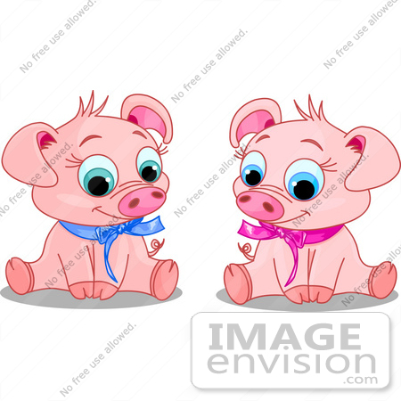 #56145 Clip Art Of Cute Male And Female Piggies Wearing Blue And Pink Ribbons, Sitting And Smiling by pushkin