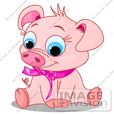 #56146 Clip Art Of An Adorable Pink Female Piggy Wearing A Pink Ribbon, Sitting And Smiling by pushkin
