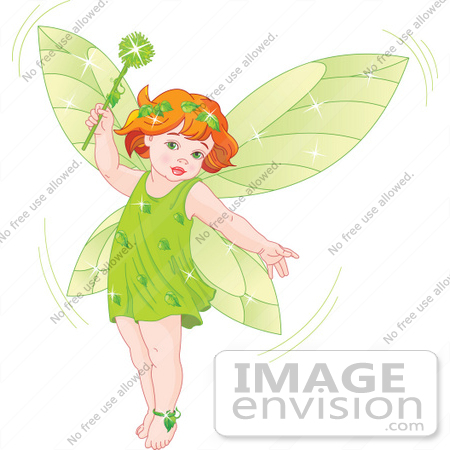 #56158 Royalty-Free (RF) Clip Art Of A Red Haired Baby Fairy In Green, Holding A Magic Wand by pushkin