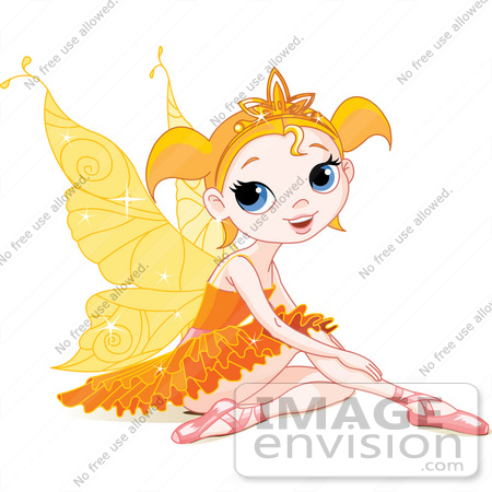 #56173 Royalty-Free (RF) Clip Art Of A  Pretty Little Orange Winged Fairy Girl In Ballet Slippers And A Tutu, Sitting On The Ground by pushkin
