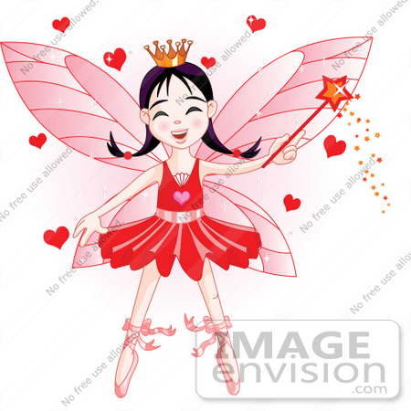 #56174 Royalty-Free (RF) Clip Art Of A Ballerina Fairy Princess In Red, Waving A Magic Wand With Hearts by pushkin