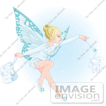 #56179 Royalty-Free (RF) Clip Art Of A Beautiful Blond Fairy With Blue Wings, Making A Magical Tooth by pushkin