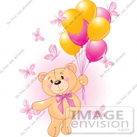 #56185 Royalty-Free (RF) Clip Art Of A Girl Teddy Bear Floating Away With Butterflies And Balloons by pushkin