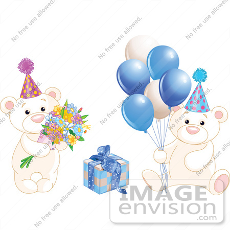 #56186 Royalty-Free (RF) Clip Art Of A Digital Collage Of Birthday Teddy Bears With Blue Balloons, Flowers And A Present by pushkin